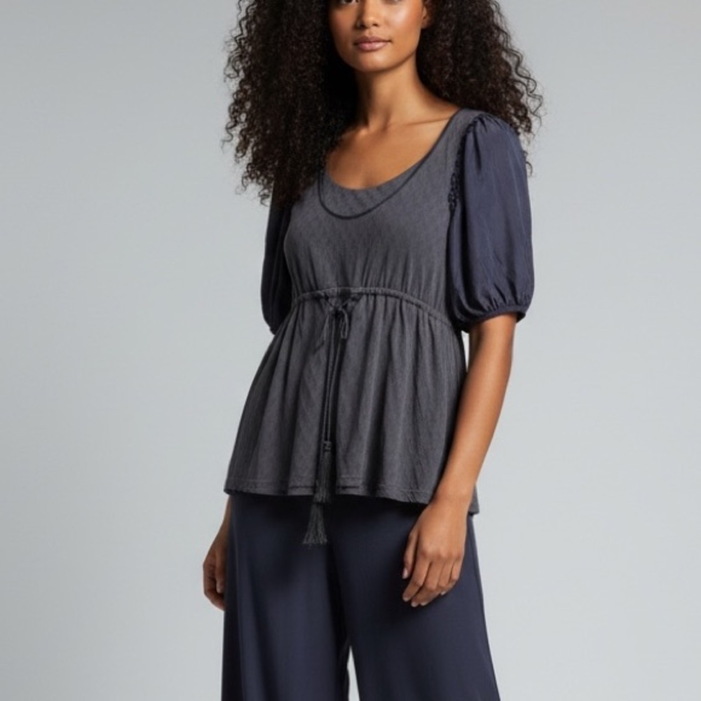 Anthropologie Deletta Elegant Blue puff sleeve belted tassle Top silk cotton